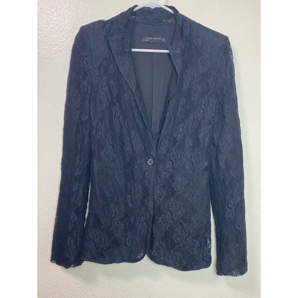 Zara Woman Black Floral Lace Single Button Tailored Blazer Jacket Size L